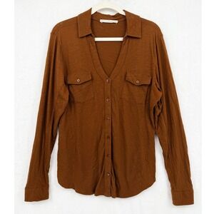 Peruvian Connection Womens Brown Cotton Slub Knit Button Down Utility Shirt L